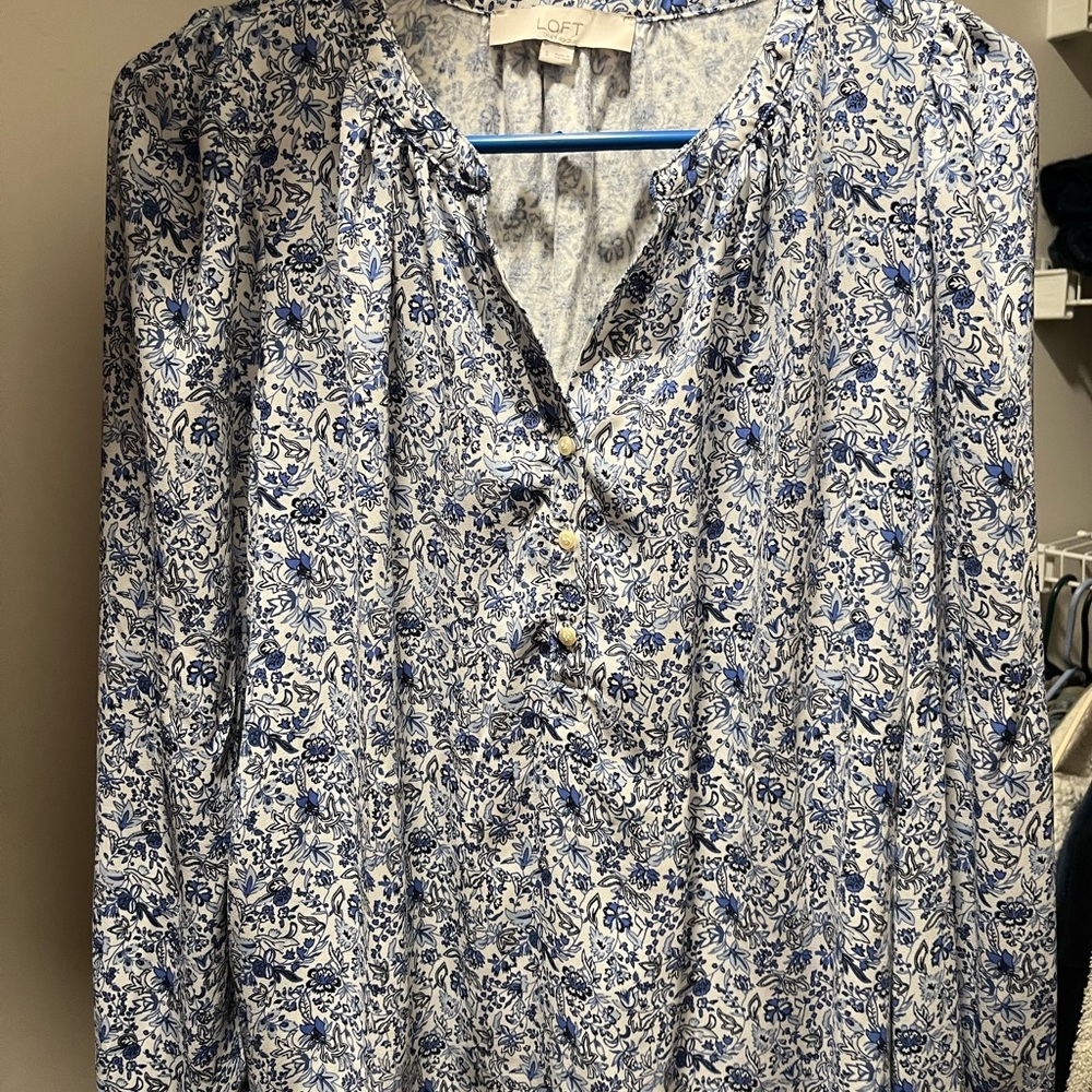 LOFT White and Blue Patterned Blouse